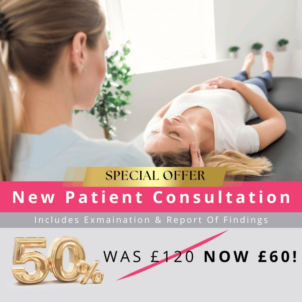 Female chiropractor performing a gentle spinal adjustment on a patient inside Battersea Power Station clinic, promoting expert care in a calm, modern setting.