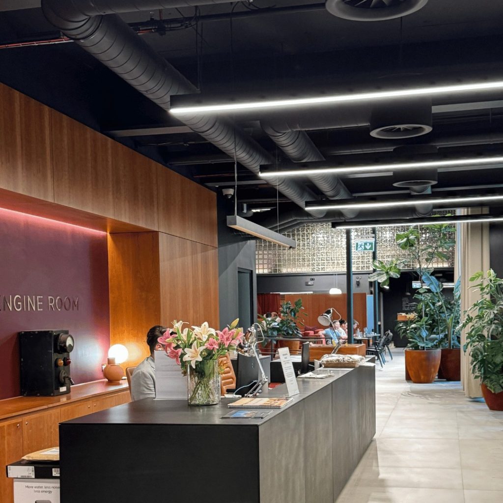 Reception area of Battersea Power Station-based chiropractic clinic with serene design and welcoming atmosphere.