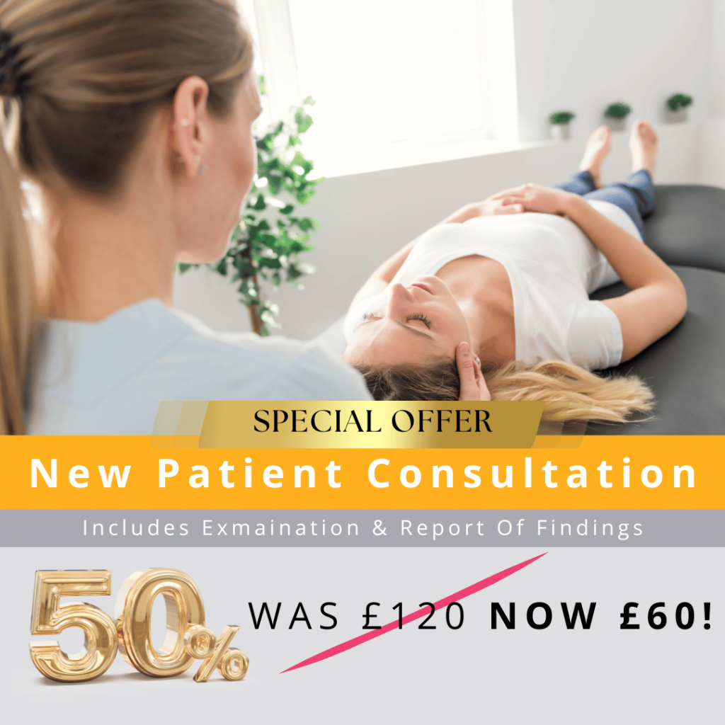 Chiropractor Fulham giving a new patient half price consultation to a lady.