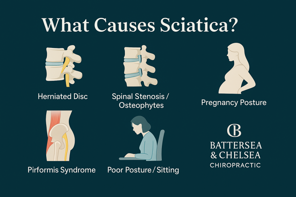 Infographic showing the main causes of sciatica including herniated disc, spinal misalignment, piriformis muscle tension, poor posture, and pregnancy-related changes, created for Battersea & Chelsea Chiropractic London.