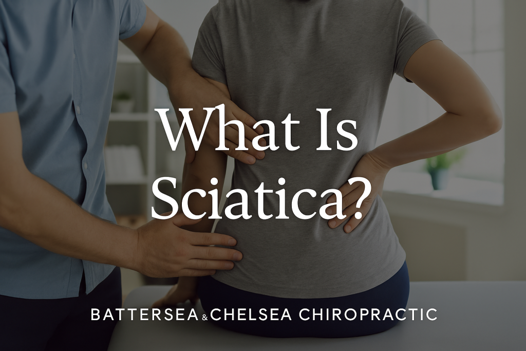 Infographic showing a chiropractor performing clinical tests for sciatica, including the straight-leg raise, posture analysis, and spinal assessment, designed for Battersea & Chelsea Chiropractic London.
