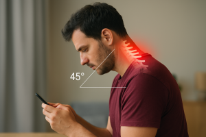 Educational infographic showing a person in a red shirt looking down at a smartphone with neck tilt angles (0°, 15°, 30°, 45°, 60°) and corresponding weight loads on the cervical spine in kilograms, created for Battersea & Chelsea Chiropractic Clinic London.