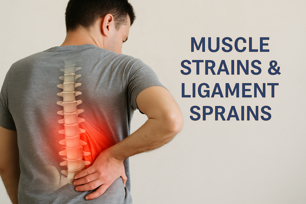 Realistic portrait image showing a person holding their lower back, with a semi-transparent anatomical overlay of lumbar muscles and spine illustrating muscle strain and ligament sprain. Created for an educational guide by Battersea & Chelsea Chiropractic Clinic London.