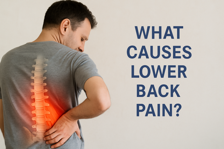 A realistic photo of a man holding his lower back in discomfort, illustrating common causes of lower back pain for Battersea & Chelsea Chiropractic Clinic’s educational guide.