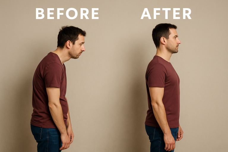 Before and after posture comparison showing poor slouched posture and corrected upright posture, created for Battersea & Chelsea Chiropractic London.