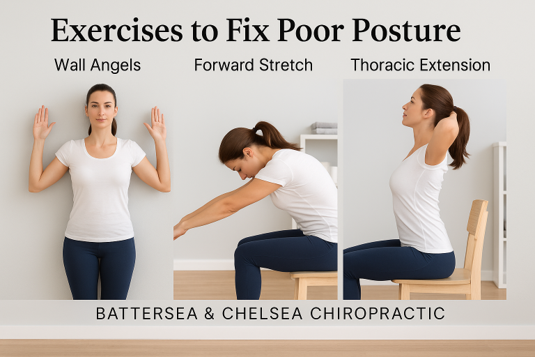 Realistic exercise demonstrations showing how to fix poor posture, including wall angels, forward stretch, and thoracic extension, created for Battersea & Chelsea Chiropractic Clinic London.