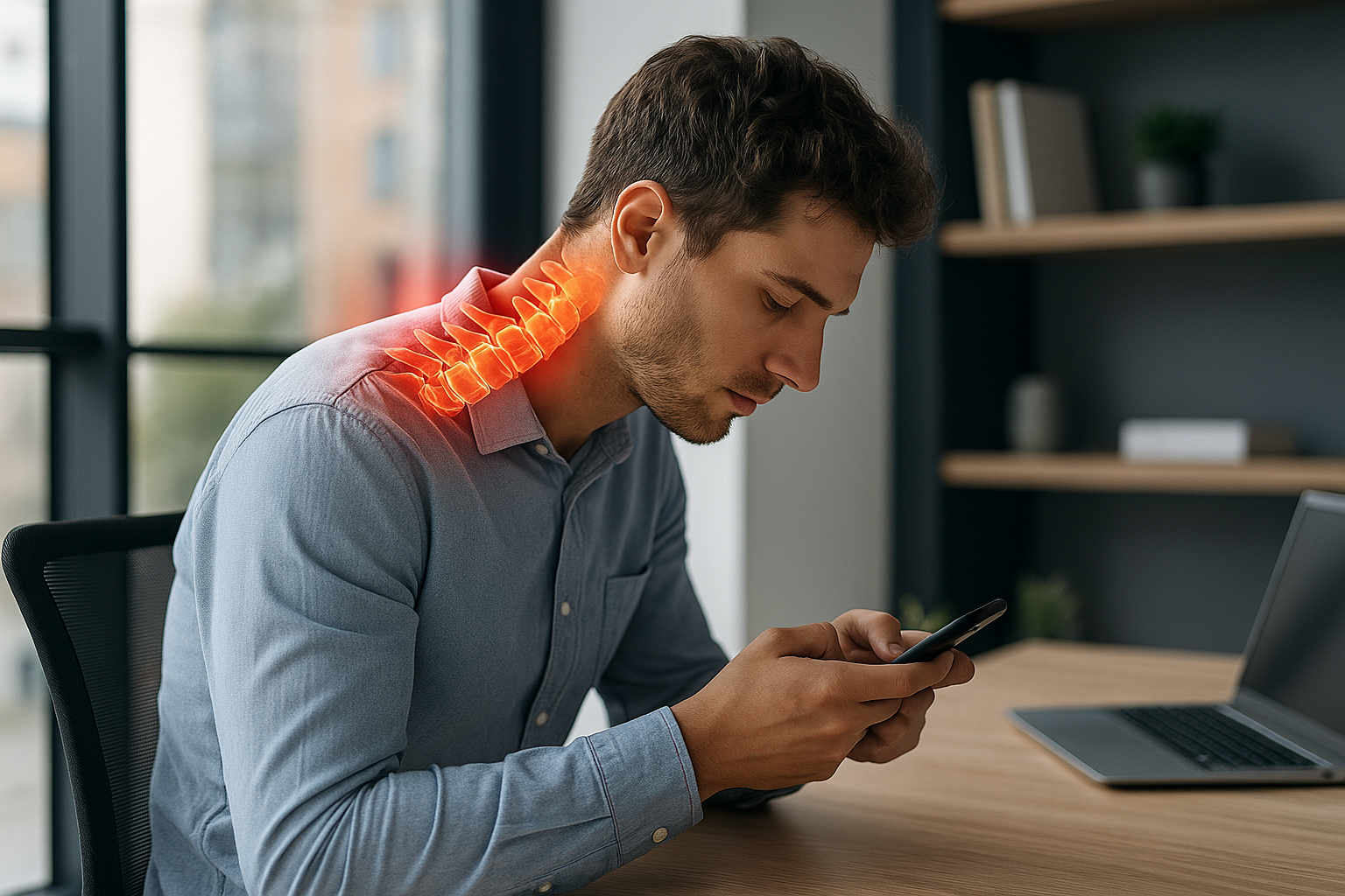 Person sitting with bad posture and forward head position, illustrating how to fix poor posture at Battersea & Chelsea Chiropractic Clinic London.