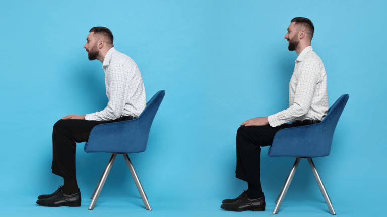 Illustration showing how poor posture and prolonged sitting increase pressure on the lumbar spine and contribute to lower back pain, created for Battersea & Chelsea Chiropractic Clinic London.