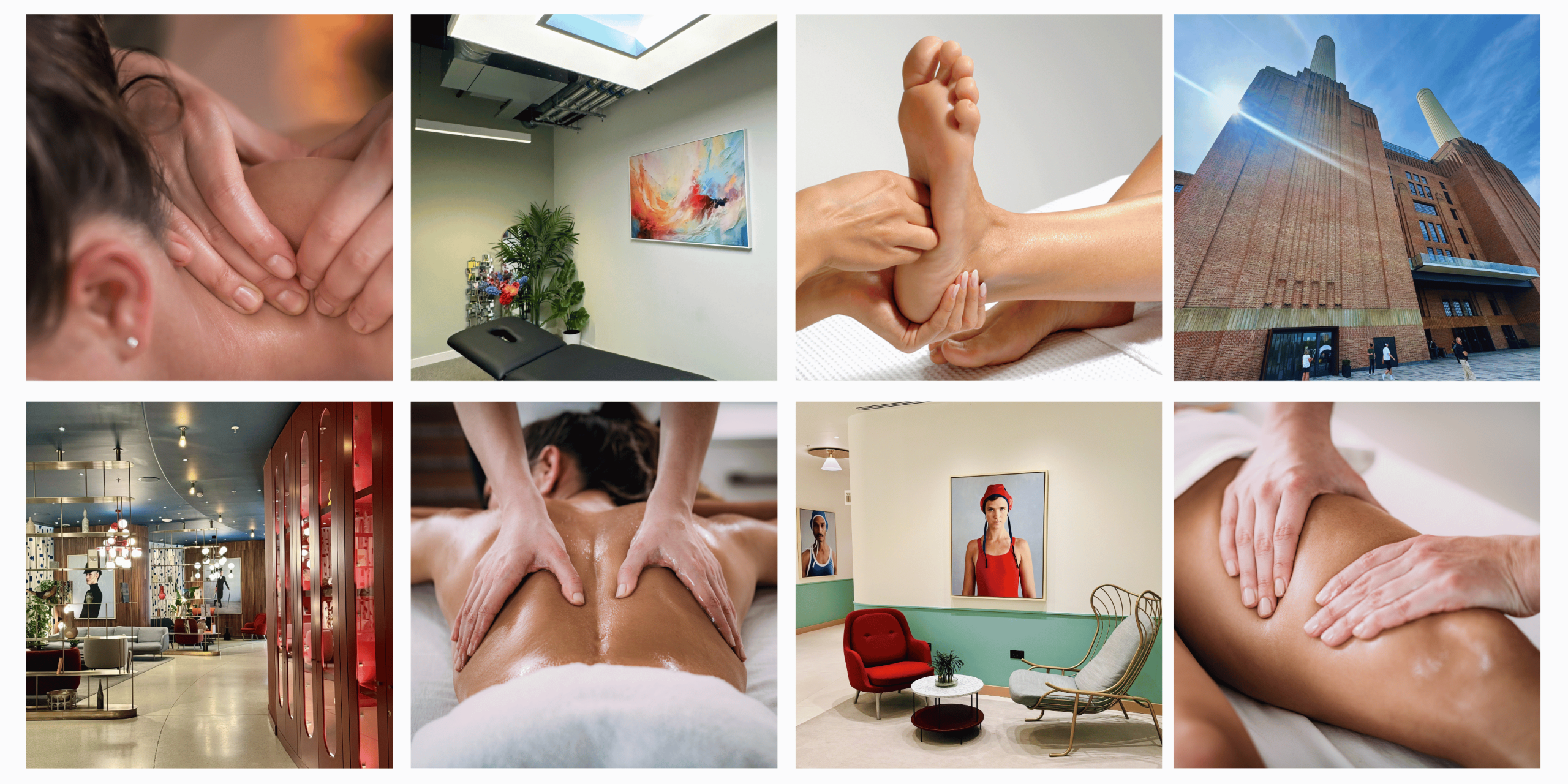 Collage of 8 photos showing advanced sports massage at Battersea Chelsea Chiropractic & Physiotherapy Clinic